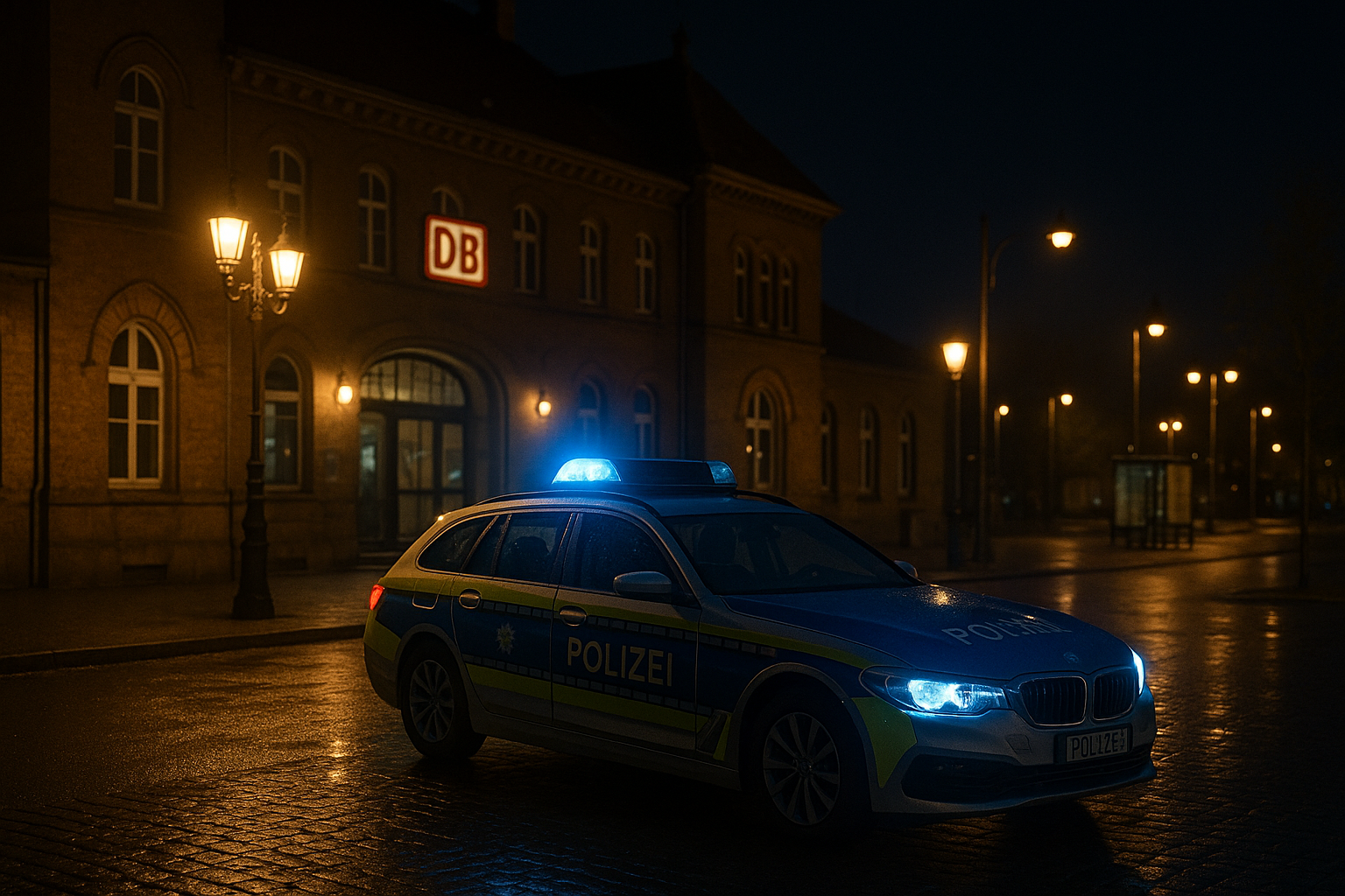 Polizeifahrzeug mit Blaulicht nach versuchter Körperverletzung am Bahnhofsvorplatz bei Nacht
