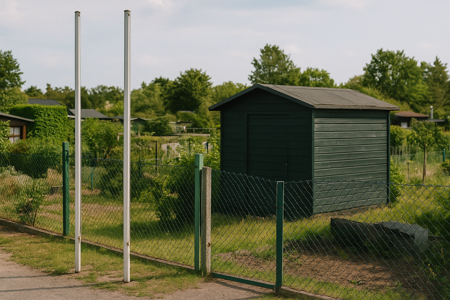 Leere Fahnenmasten vor Gartenanlage in Merseburg – Symbolbild zum Diebstahl in Kleingartenanlage