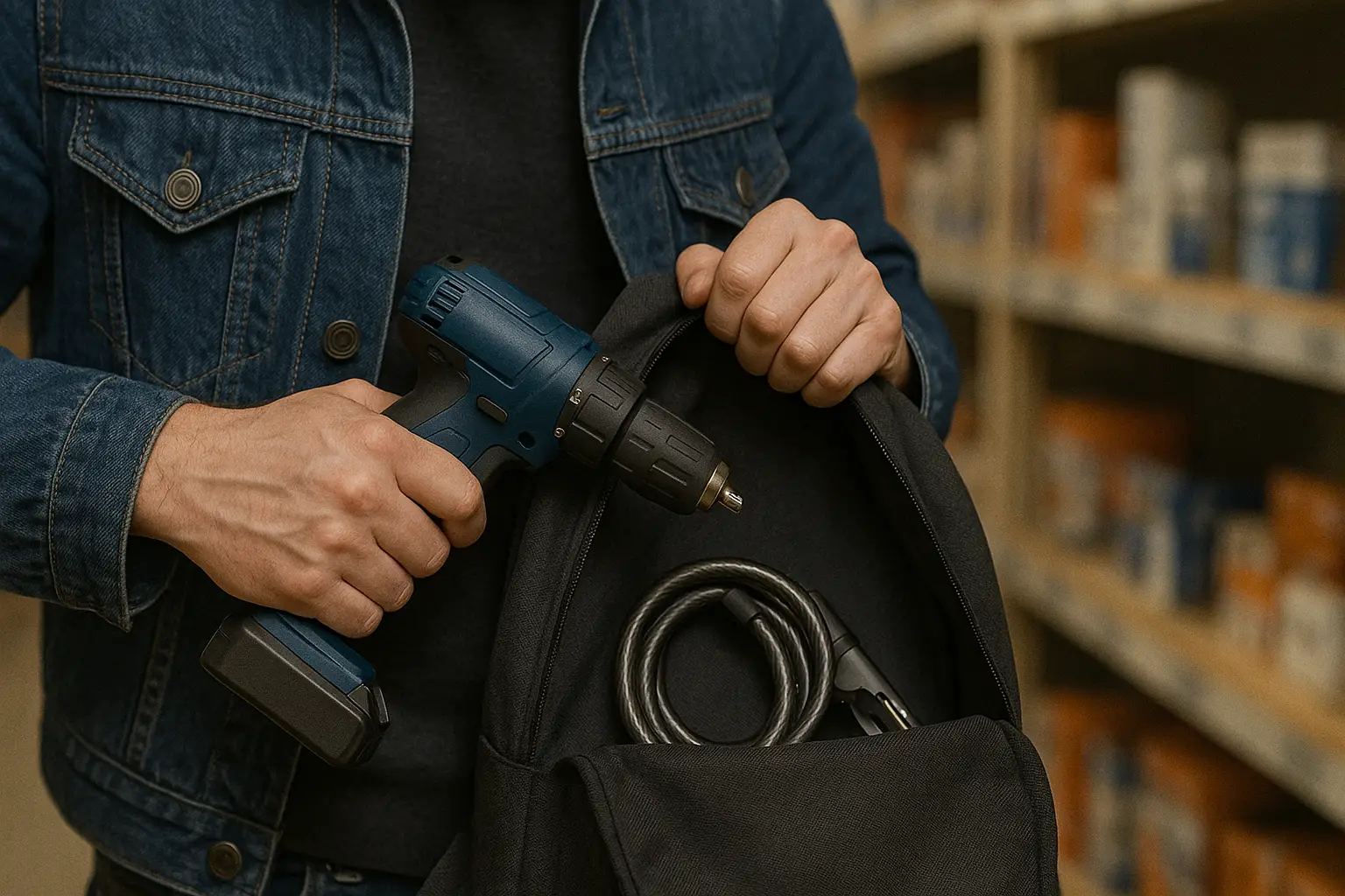 Ladendiebstahl Baumarkt Merseburg. Person steckt einen Akkuschrauber und ein Fahrradschloss in einen Rucksack in einem Baumarkt – symbolisches Bild für Ladendiebstahl.