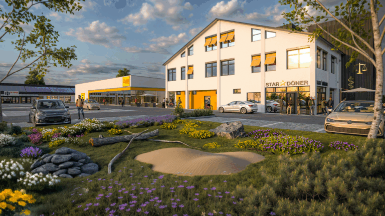 Entwurfsansicht der neuen Hohendorfer Marke in Merseburg mit Netto-Markt, Fitnessstudio und Gastronomiegebäude bei Sonnenuntergang